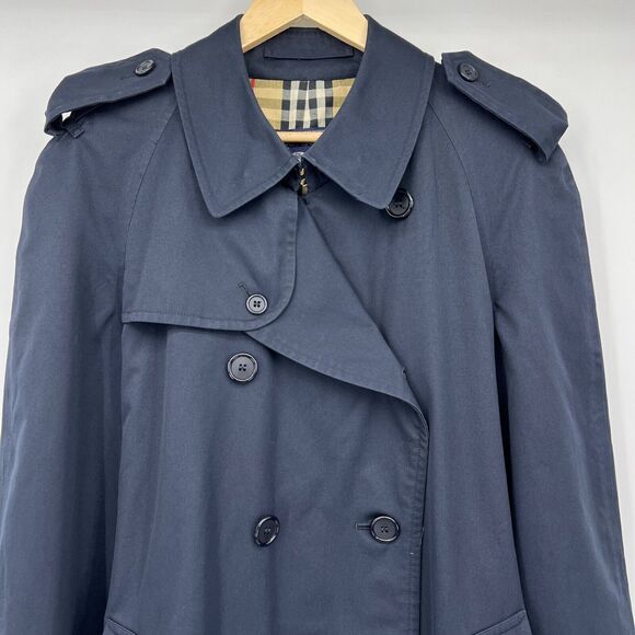 Vintage Burberrys Of London Trench Coat Size 40 Long Navy Blue Belted Pockets - Picture 3 of 16